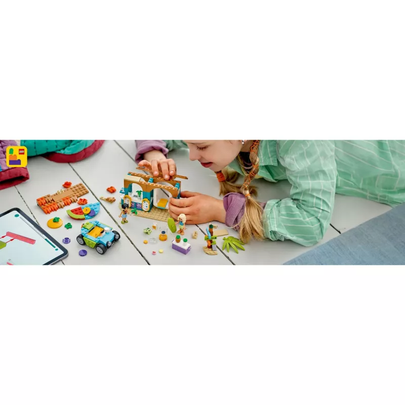 LEGO Friends paplūdimio kokteilių stendas – vaikiškas vaidmenų žaidimų rinkinys su 2 mini lėlytėmis, vėžlio figūrėle ir aksesuarais, nuo 6 metų