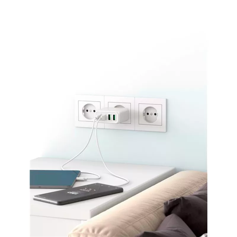 Goobay 64818 Įkroviklis mobiliesiems įrenginiams, ausinėms, nešiojamam kompiuteriui, išmaniesiems telefonams, baltas, AC greitasis įkrovimas, vidaus naudojimui (64818)