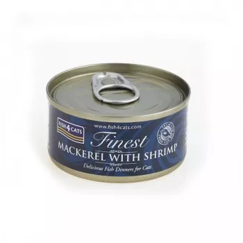 Šlapias kačių ėdalas FISH4DOGS Skumbrė su krevetėmis 70 g – suaugusioms katėms, žuvies skonio, skardinė, be glitimo