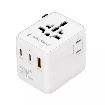 Keliaujantis maitinimo adapteris GEMBIRD TPA-1A2C20-01-W — 20 W, USB-A (18 W) + 2× USB-C (20 W), E tipo kištukas, baltas