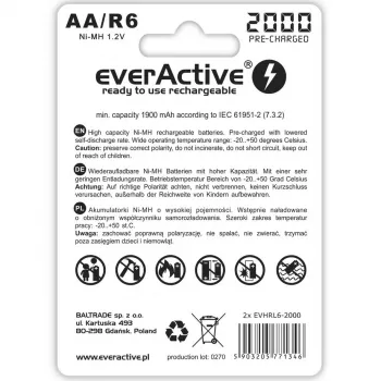 Įkraunamos baterijos R6/AA 2000 mAh, lizdinė pakuotė 2 vnt.