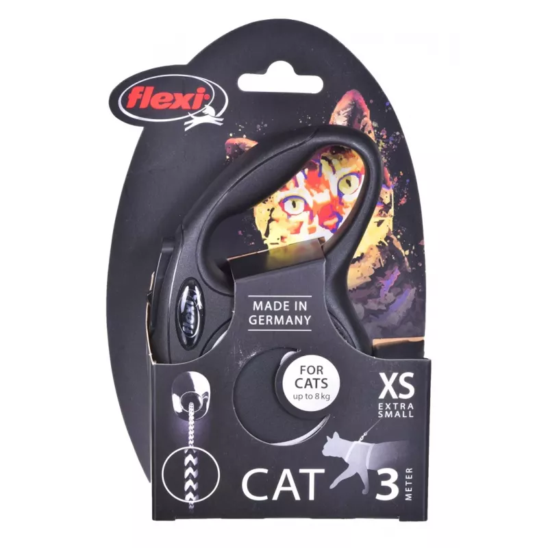 Flexi New Classic Cat XS 3 m – atsitraukiamas pavadėlis su virvele mažiems augintiniams, juodas, maks. apkrova 8 kg