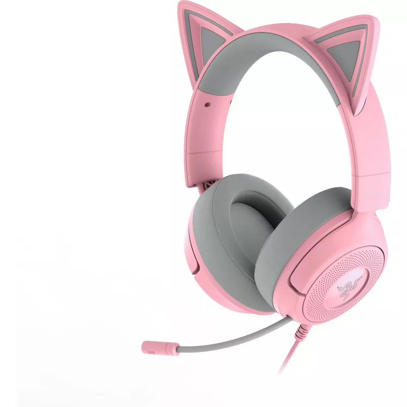 Ausinės Razer Kraken Kitty V3 X — laidinės USB Type-A, uždengiančios ausis, 20–28 kHz, 1,3 m laidas, rožinės