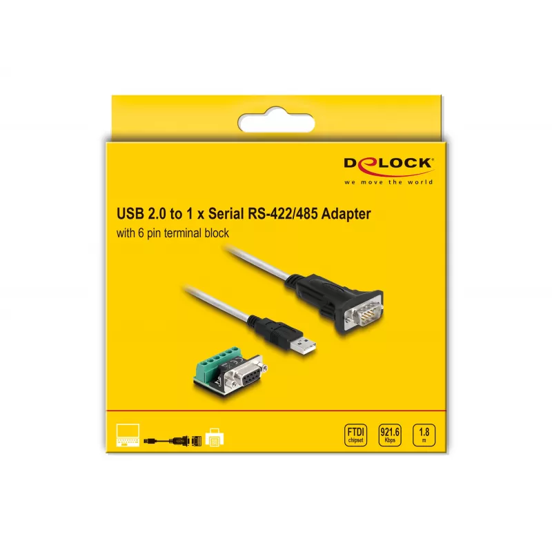 DeLOCK 63465 USB 2.0 į RS-422/RS-485 adapterinis kabelis 1,8 m, juodas/skaidrus