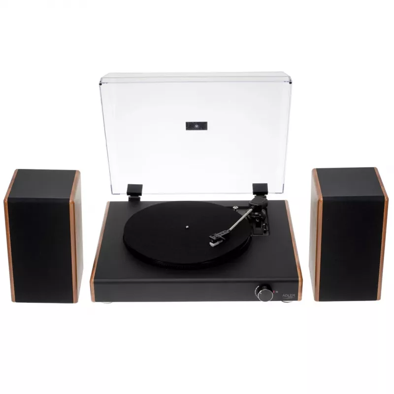 Patefono grotuvas su diržine pavara Adler AD 1915 USB – keraminė plokštelė, 45 RPM, nuolatinės srovės variklis, Bluetooth 5.4, USB išvestis, 2×10 W garsiakalbiai