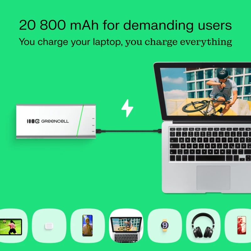 Nešiojama baterija Green Cell BPLGC20P 20800 mAh Li‑Ion, USB‑C PD 65W, 2x USB‑C + 1x USB‑A, aliumininis korpusas