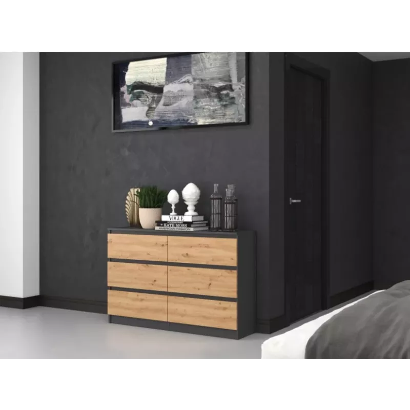 Komoda Top e shop M6 120 — Antracitas/Ąžuolas, 6 stalčių, 1200×300×770 mm, medžio drožlių plokštė