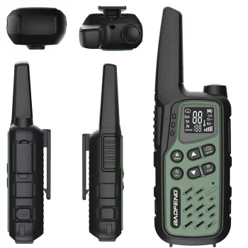 Nešiojamos racijos Baofeng BF-T25E — 16 kanalų, 2×1400 mAh Li‑Ion, VOX, LCD, žalios, rinkinys 2 vnt.