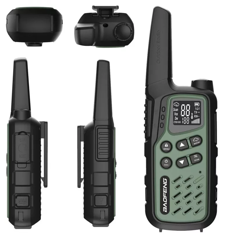 Nešiojamos racijos Baofeng BF-T25E — 16 kanalų, 2×1400 mAh Li‑Ion, VOX, LCD, žalios, rinkinys 2 vnt.