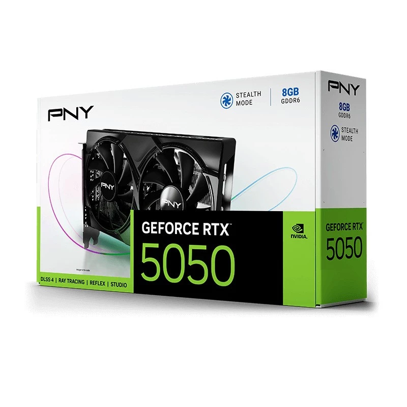 Vaizdo plokštė PNY GeForce RTX 5050 – 8 GB GDDR6, 2317 MHz, 128 bit, PCIe x8 5.0, dviejų ventiliatorių aušinimas