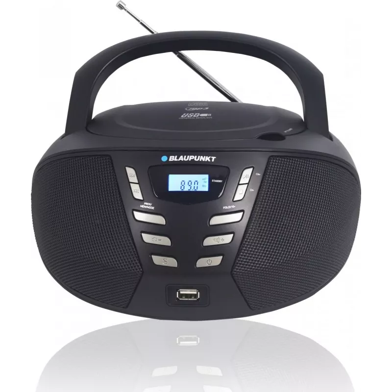Nešiojamas CD grotuvas Blaupunkt BB7BK – MP3, FM radijas, USB, AUX, maitinimas baterijomis, 2× įmontuoti garsiakalbiai, 240×230×128 mm