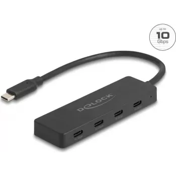 USB Type-C centrinis įrenginys DELOCK 64322 — 4× USB‑A prievadai, 10 Gbps, juodas