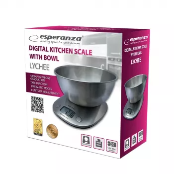 Virtuvinės elektroninės svarstyklės ESPERANZA LYCHEE – 5 kg, 1 g tikslumas, nerūdijančio plieno dubuo 2,1 l