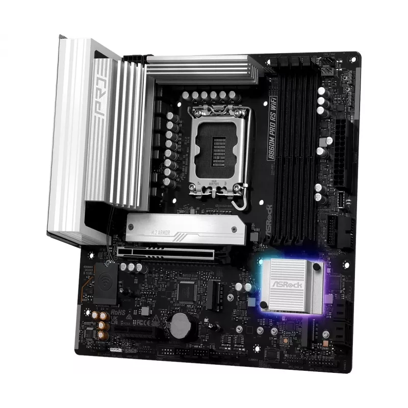Motininė plokštė ASRock B860M Pro RS WiFi — Intel B860, LGA 1851, micro ATX, DDR5, 4 DIMM, 3x M.2, 2,5Gb LAN, Wi-Fi, Bluetooth