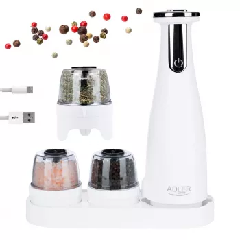 Druskos ir pipirų malūnėlių rinkinys Adler AD 4449W Steel White, keraminiai girnastekliai, 150 ml, įkrovimas per USB-C