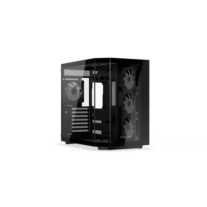 Krux Empero KRXD010 Midi Tower PC korpusas, ATX, su grūdinto stiklo skydu, 4 x 120 mm ARGB ventiliatoriai, juodos spalvos - GPU iki 420 mm, procesoriaus aušinimas iki 155 mm, 2x 3,5" + 3x 2,5" įdėklai