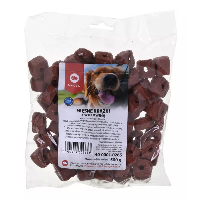 Šunų skanėstas MACED Meat Discs with Beef 500 g – papildomas užkandis, 12% baltymų, 8% riebalų, 20% drėgmės