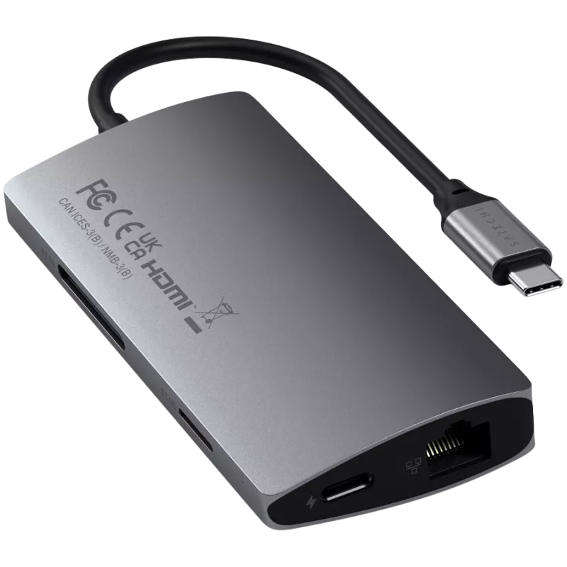 Satechi Aliuminio Adapteris V2 USB-C (USB-C, 3x USB-A, 4K HDMI, SD/microSD kortelių skaitytuvas, Ethernet) (starlight grey)
