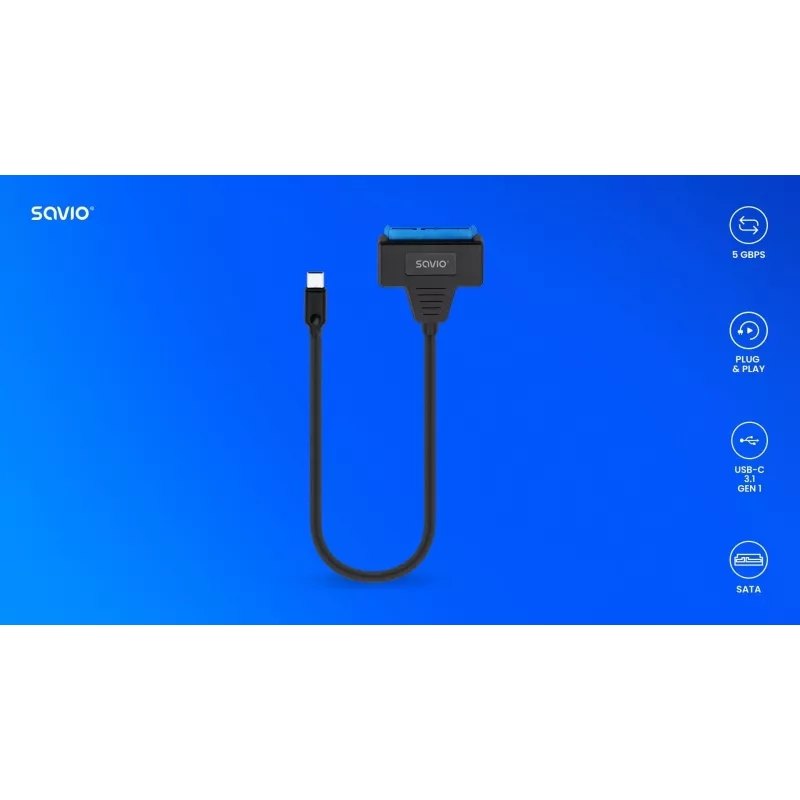 SAVIO SATA į USB-C sąsajos laidas AK-69, SATA moteriška į USB-C vyrišką, USB 3.2 Gen 1 (5 Gbit/s), 0,25 m, juodas