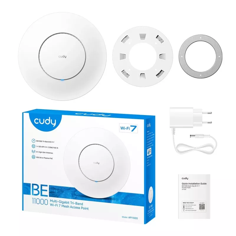 Belaidžio ryšio prieigos taškas Cudy AP11000 – tribandinis Wi‑Fi 6 (2.4/5/6 GHz), 5760 Mbps, MU‑MIMO, montavimas ant lubų/sienos