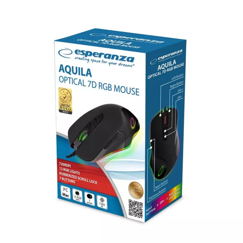 Žaidimų optinė pelė ESPERANZA EM132 — 7 mygtukai, 7200 DPI, RGB, dešinei rankai, USB 2.0, 1,5 m laidas