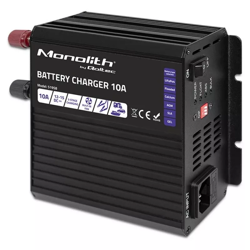 Qoltec Smart Monolith baterijų krautuvas, skirtas LiFePO4 AGM GEL SLA akumuliatoriams | 10A | 12V