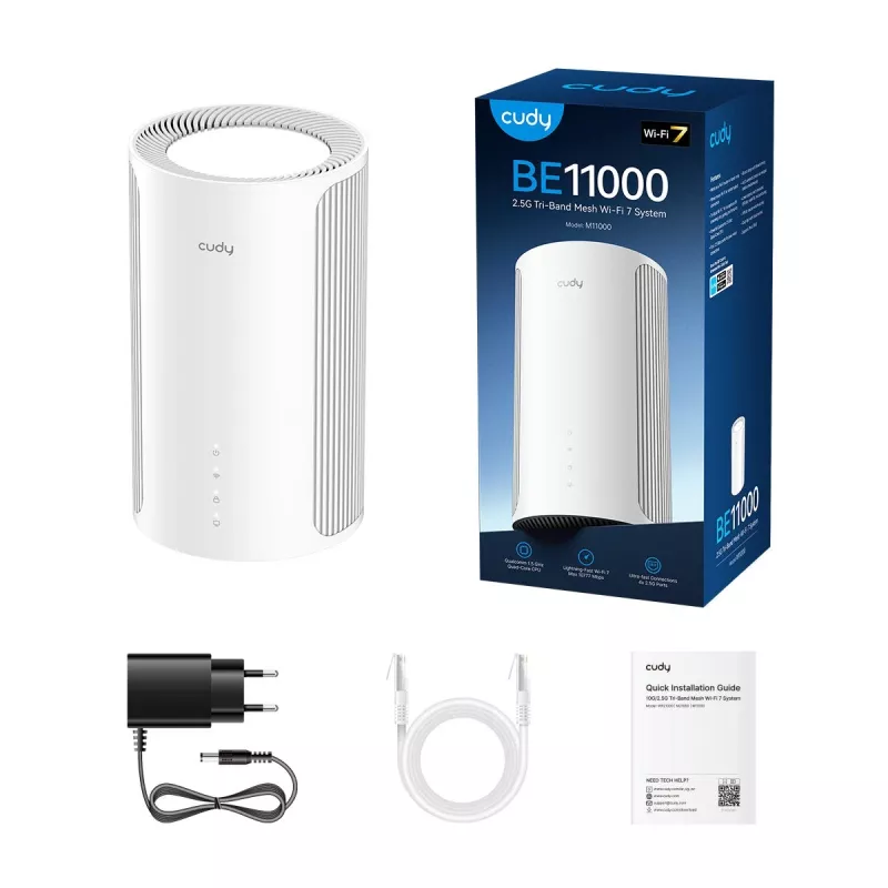 Maršrutizatorius Cudy M11000 triju dažnių (2.4 / 5 / 6 GHz) Wi‑Fi 7 4x LAN Baltas, 4 vidinės antenos
