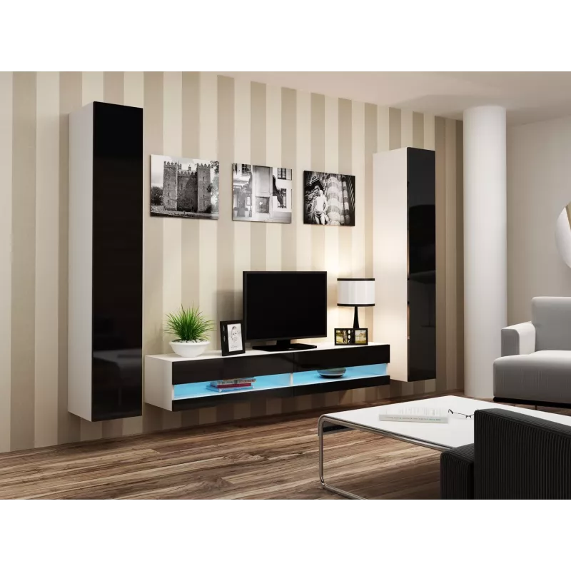 TV stovas Cama Meble VIGO NEW 30/180/40, baltas viršus, juodas blizgus rėmas, 1800×400×300 mm