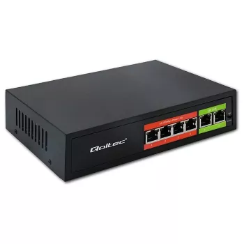 Eterneto PoE jungiklis QOLTEC 52289 — 4x RJ45 PoE prievadai, 2x RJ45 uplink, 65W galios biudžetas