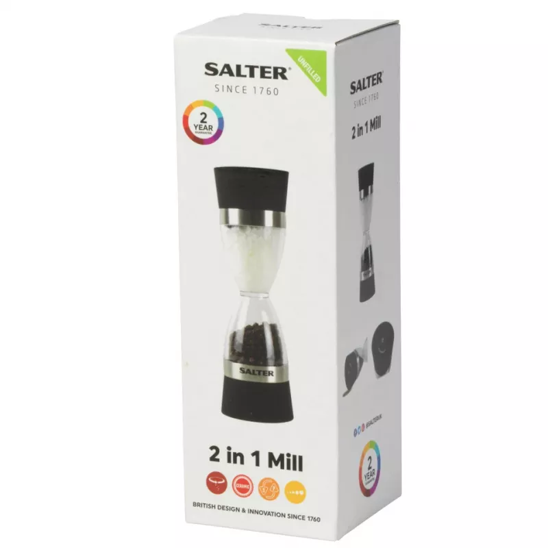 Mechaninis druskos ir pipirų malūnėlis Salter 7611 BKXRUP1 2-in-1 su reguliuojamu smulkumu, nerūdijantis plienas