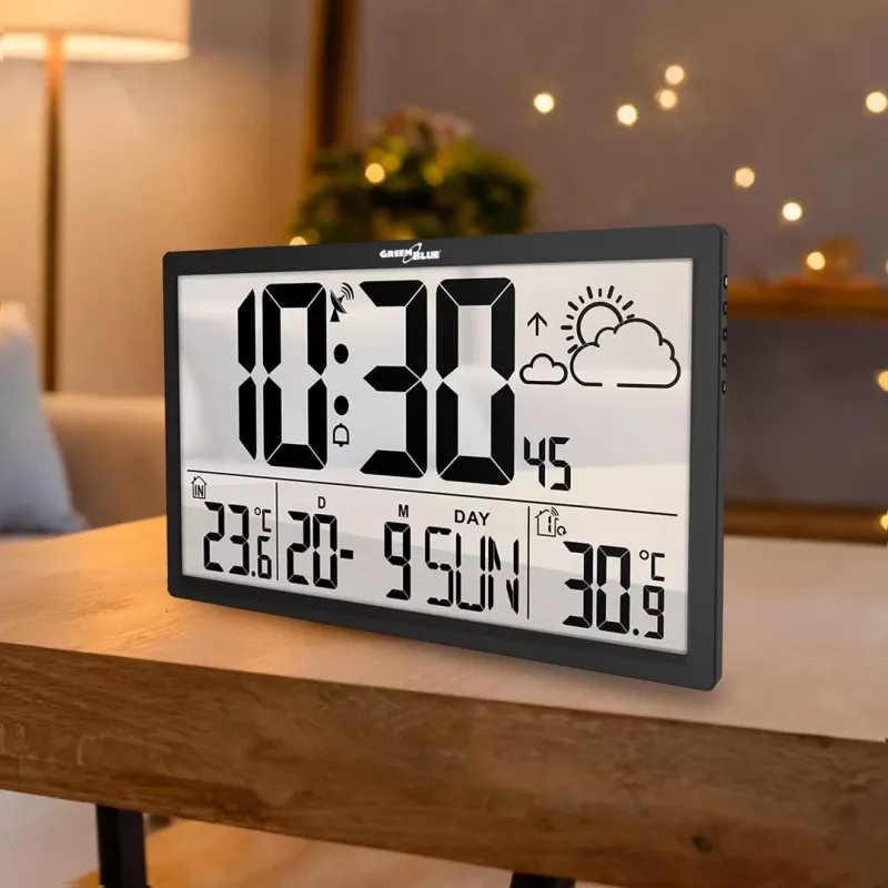 Sieninis laikrodis GreenBlue GB218 – itin didelis LCD, orų stotis, vidaus/lauko temperatūra, datos rodymas