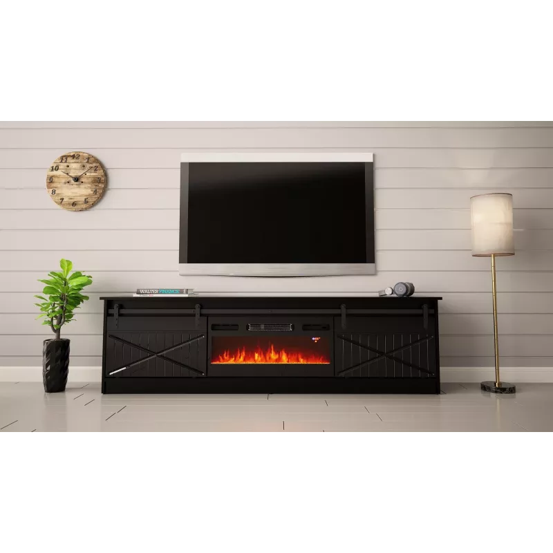 TV stovas su židiniu Cama Meble GRANERO 200 x 56,7 x 35 cm, juodas / juodas blizgesys, 2 durys, 2 lentynos, stumdomos durys, MDF / medžio drožlių plokštė