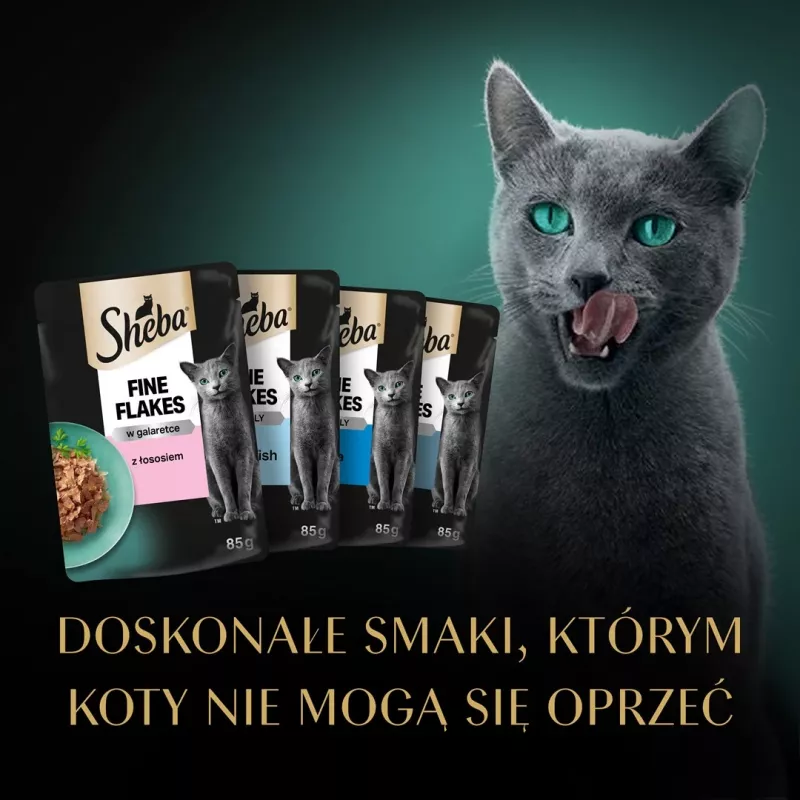 Šlapias kačių ėdalas Sheba Moist 80 g – suaugusioms katėms, žuvų mišinys: menkė, lašiša, tunas, baltosios žuvys