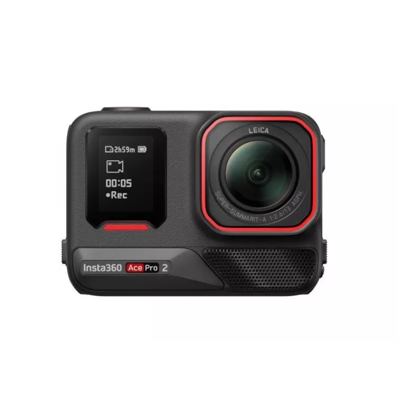 Veiksmo sporto kamera Insta360 Ace Pro 2 — 50 MP, 8K Ultra HD (7680×3272), 1/1,3 colio jutiklis, iki 240 kadrų/s, įmontuotas ekranas, Wi‑Fi, MicroSD, 177,7 g, juoda