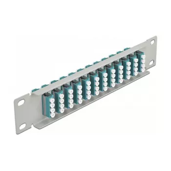 Skaidulinės optikos pataisų skydas DeLOCK 10 colių 12 prievadų LC Quad Aqua 1U pilkas