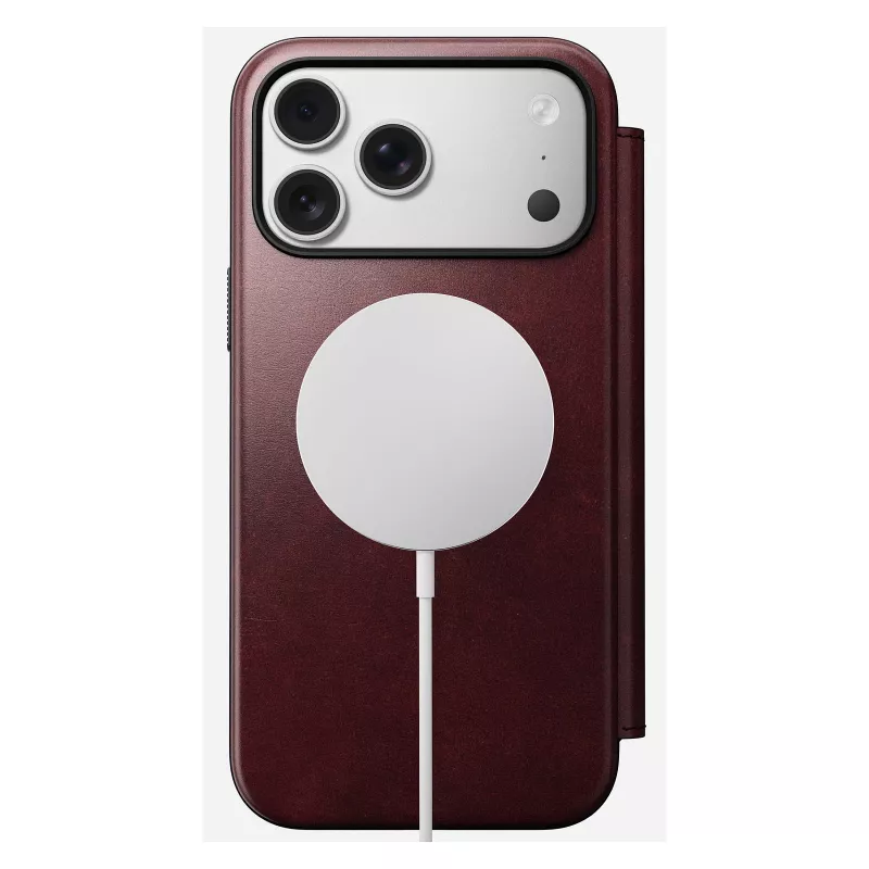 Mobilaus telefono dėklas Nomad Modern Leather Folio, skirtas iPhone 17 Pro Max – oda, TPU, PC, aliuminis, bordo spalvos, 16 cm (6,3 colio)
