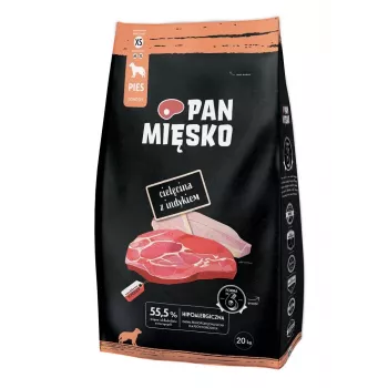 Sausas šunų maistas Pan Miesko Veršiena su Kalakutu XS 20 kg — suaugusioms mažų veislių šunims, 30% baltymų, 20% riebalų