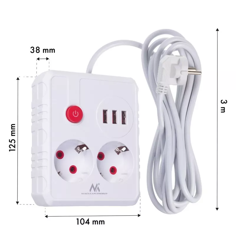 Maitinimo blokas MACLEAN MCE388 W – 2 lizdai, 3×USB, 110–240V, 2500W, 3 m laidas, baltas