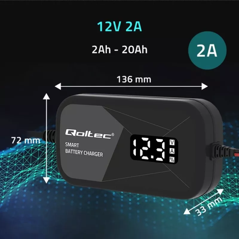 Akumuliatoriaus įkroviklis QOLTEC 52492 12V 2A su mikroprocesoriniu valdymu ir regeneravimo funkcija