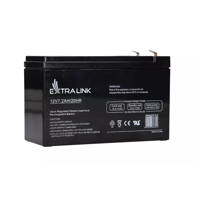 UPS baterija Extralink AGM 12V 7.2Ah (7Ah) sandari švino rūgšties VRLA, nereikalaujanti priežiūros, juoda