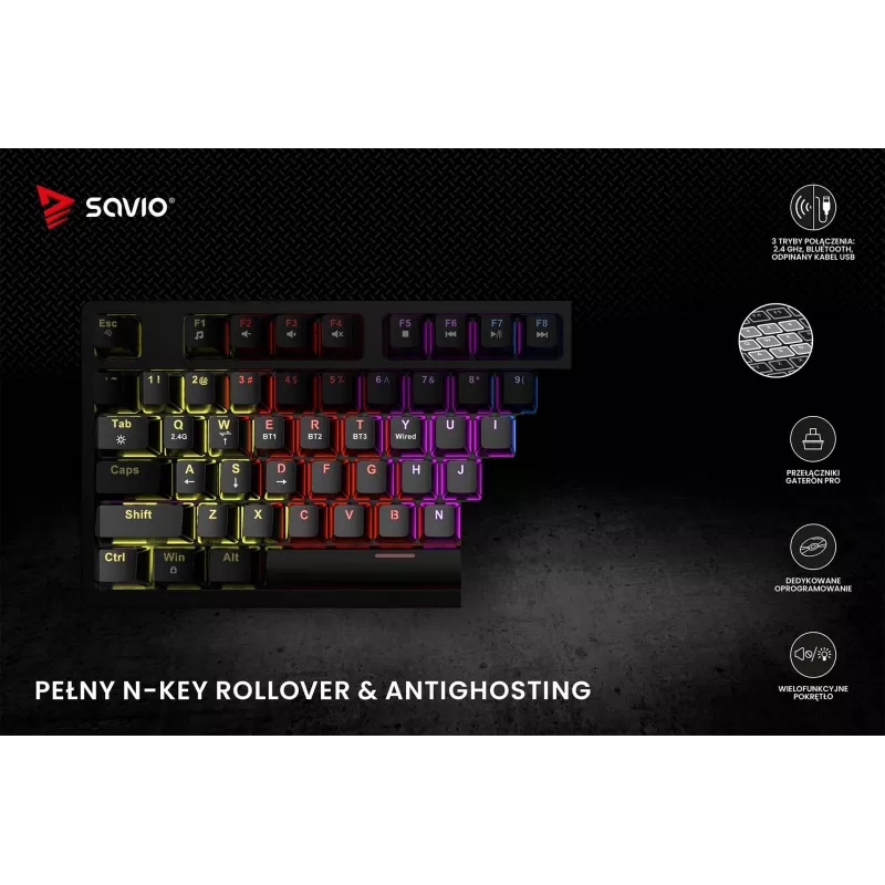 Savo Phenix SAVGK-RED mechaninė klaviatūra žaidimams 75% Gateron Pro RGB belaidė RF Bluetooth USB QWERTY