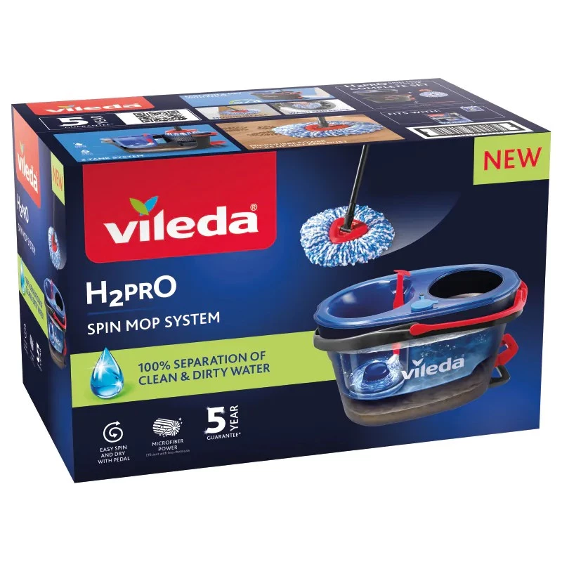 Grindų šluotražė VILEDA Microfibre 320 mm, teleskopinis kotas 55–123 cm, skalbiama, 360° besisukanti galvutė, juoda/mėlyna/raudona