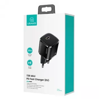 usams Phone Charger T36 1x USB-C + Lightning PD — kompaktiškas PD įkroviklis su USB-C ir Lightning jungtimis