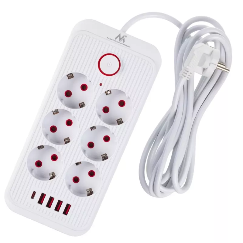 Ilgintuvas MACLEAN MCE391 W — 6 kištukinių lizdų, 4×USB-A + 1×USB-C, 3 m laidas, 110–240V, 2500W, baltas
