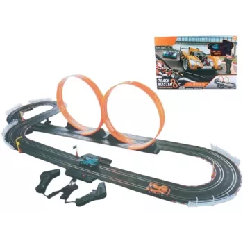 Mechaninis žaislinis lenktynių takelis Madej Racetrack su dviem kilpomis, nešiojamas automobilių takelių rinkinys