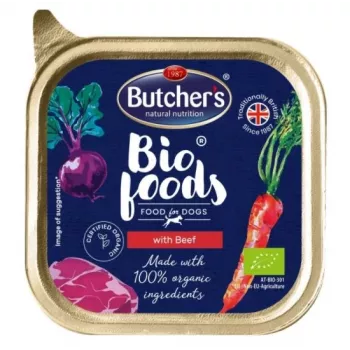 Šlapias šunų maistas BUTCHER'S Bio Foods su jautiena ir veršiena 150 g, be grūdų, suaugusiems šunims, 11% baltymų, 5% riebalų