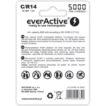 Įkraunama NiMH cilindrinė baterija everActive EVHRL14-5000, 1,2 V, 2 vnt., 51,5 mm aukštis