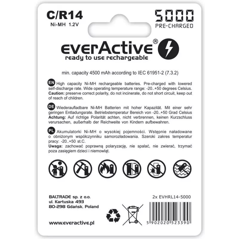 Įkraunama NiMH cilindrinė baterija everActive EVHRL14-5000, 1,2 V, 2 vnt., 51,5 mm aukštis