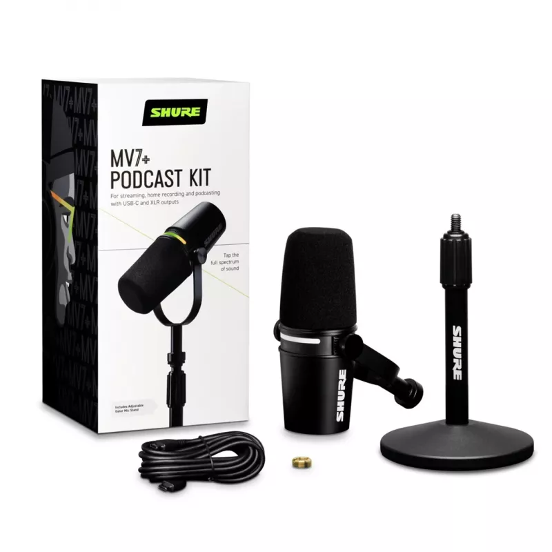 Shure MV7+-K-BNDL – lektoriaus/vokalinis mikrofonas su XLR/USB-C jungtimi, juodas + stalinis stovas GATOR