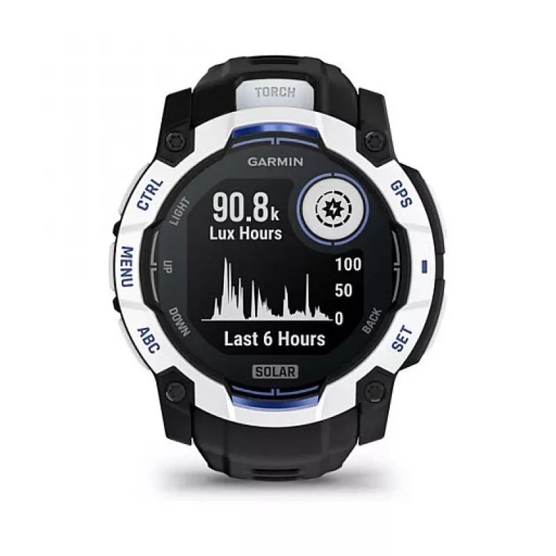 Išmanusis laikrodis GARMIN Instinct 3 3,05 cm (1,2 colio) AMOLED 45 mm 390x390 px liečiamas ekranas Juodas Baltas GPS 4 GB 53 g Silikoninis dirželis